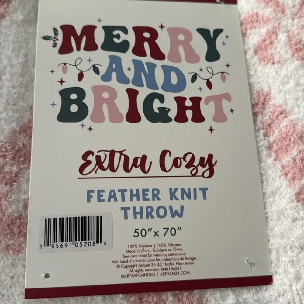 Merry and Bright Extra Cozy Feather Knit Throw Blanket Pink White Candy Canes